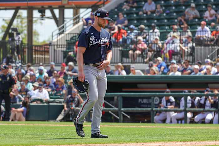 Mar 22, 2023; Lakeland, Florida, USA; Atlanta Braves starting pitcher Mike Soroka (40) is removed from the game during the second inning against the Detroit Tigers at Publix Field at Joker Marchant Stadium. Mandatory Credit: Mike Watters-USA TODAY Sports